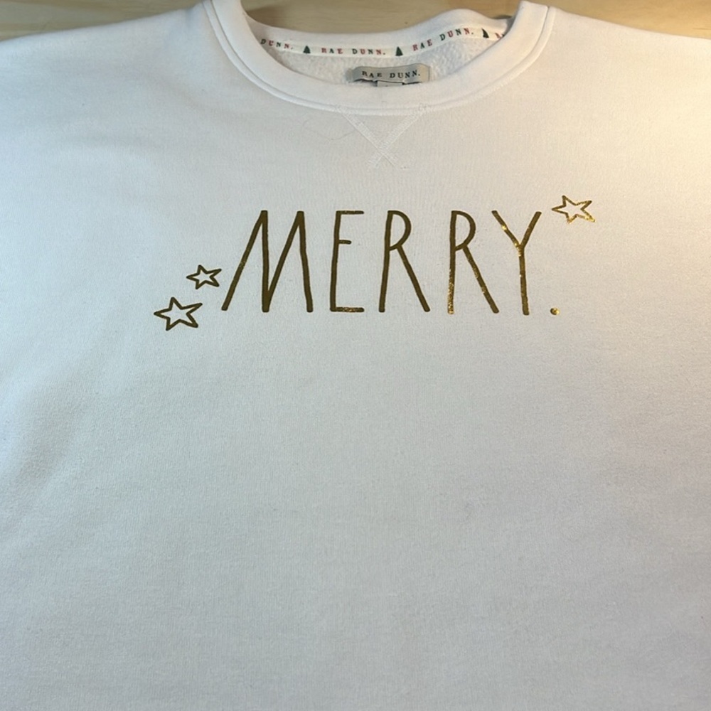 Rae Dunn White Sweatshirt with Festive Gold MERRY Trim Oversized Sz S